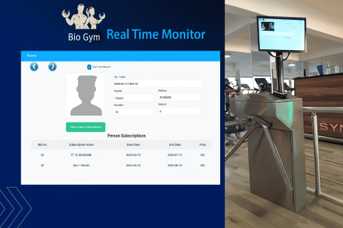 Bio Gym Real-Time Monitoring Interface displayed alongside a physical ZKTeco turnstile screen, showing instant member synchronization, subscription expiry status, and login logs.
