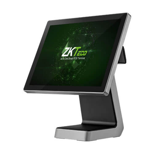 Angled side profile of ZKTeco ZKBio710 All-in-One Smart POS Terminal displaying sleek aluminum alloy stand and fanless design available in Dubai