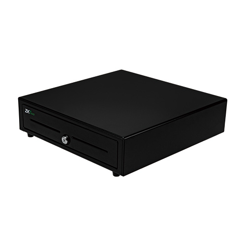 ZKTeco ZKC0408 closed heavy-duty steel cash drawer in black finish, showing durable compact design for supermarkets and shops in Dubai.
